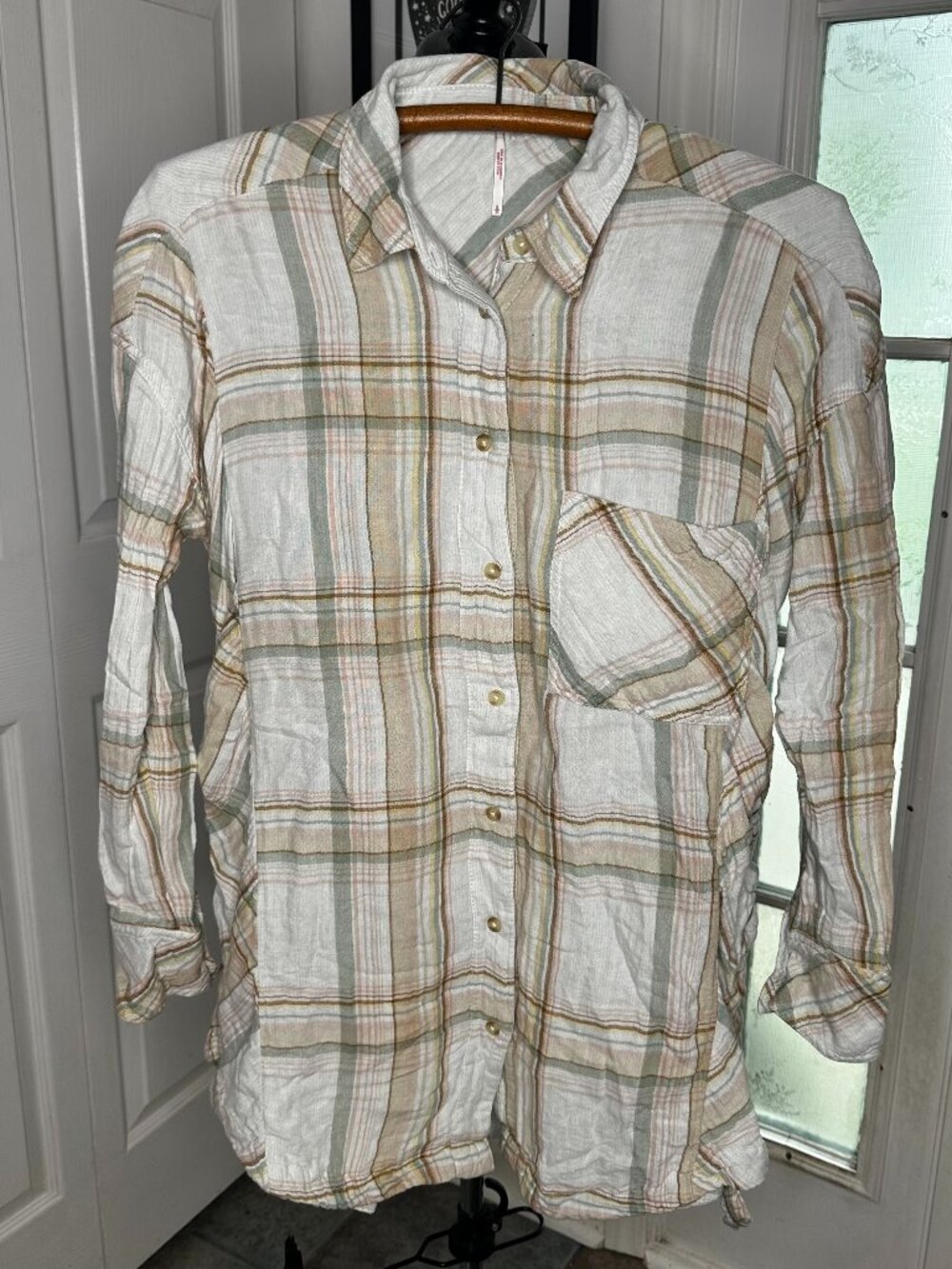 Free People Nordic Plaid Day Button Down Shirt Oversized Flannel Size SMALL